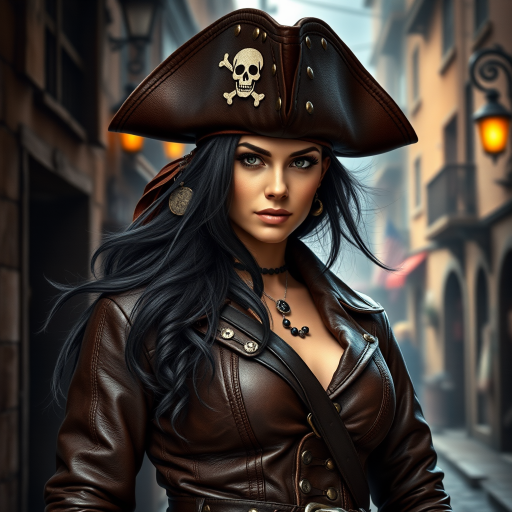Create a portrait of a fierce female pirate. She wears a leather tricorn hat adorned with a skull and crossbones emblem, and her long, dark hair flows around her face. Her outfit consists of a richly detailed leather jacket, a corset, and multiple layers of belts and accessories, giving her a formidable and stylish appearance. She stands confidently in a dimly lit, historic port town, with a backdrop of weathered buildings and cobblestone streets, capturing the adventurous spirit of a pirate.