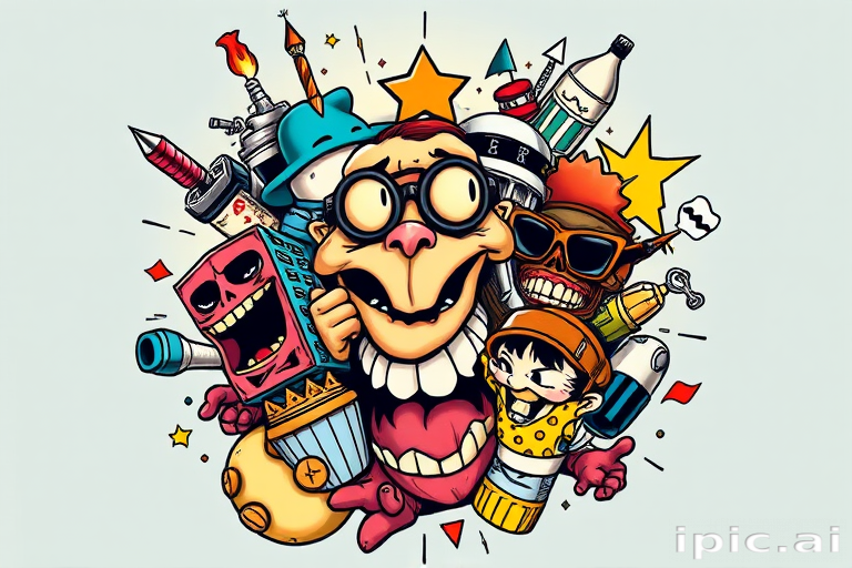 New school tattoo called "Pop Culture Mashup" combining exaggerated cartoon-like characters bold outlines and vivid colors with elements from various pop culture references in a playful and visually exciting composition