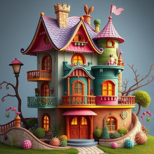Create a whimsical fantasy house with multiple colorful levels and eclectic architectural features, captured with a high-resolution DSLR camera at f/8 aperture, ISO 100, 24mm lens, with soft lighting and a wide-angle view to enhance details and depth.