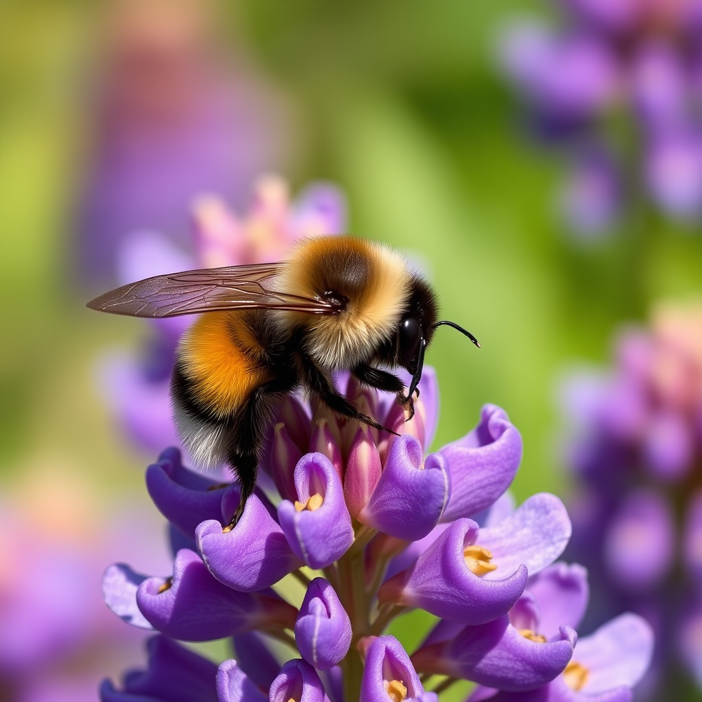 Close-up shot of a bumblebee on purple lupine flowers, f/2.8 aperture, 1/500 sec shutter speed, ISO 200, macro lens, natural lighting, DSLR camera, shallow depth of field.