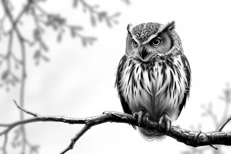 Regenerate a detailed black and white illustration of an owl perched on a branch, using a DSLR camera with a 50mm lens, f/8 aperture, ISO 100, soft natural lighting, and a shallow depth of field to enhance texture and detail.