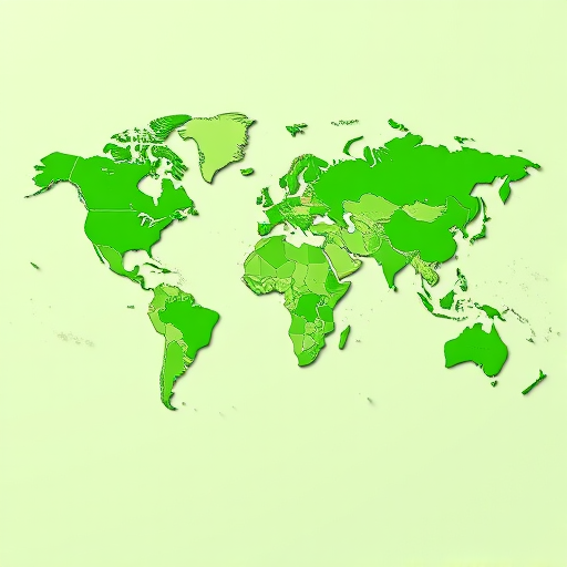 Create a detailed, high-resolution world map in green shades with a clear demarcation of continents and countries, using a DSLR camera at a focal length of 35mm, aperture set to f/8, ISO 100, shot from a high angle to capture the entire layout.