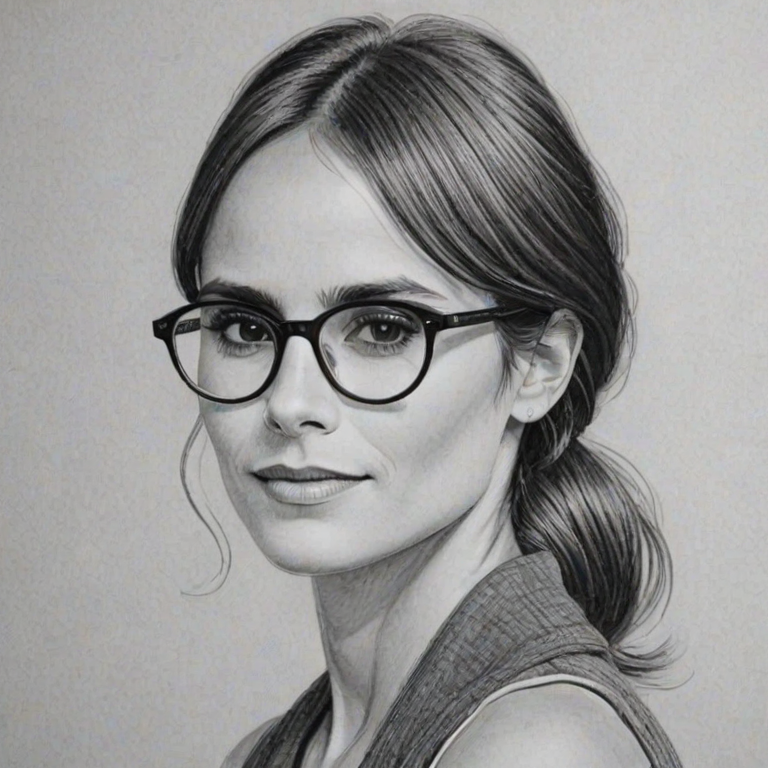 Wonderful Jordana Brewster, pencil sketch, portrait of Graceful woman 1925s in glasses, hair style beatnik, outline, clear lines, fine lines, 8k