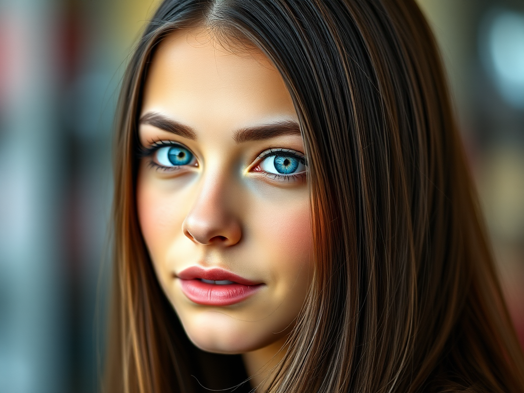Create a hyper-realistic portrait of a young woman with long, straight hair and striking blue eyes, soft bokeh background with vibrant colors, 85mm lens, f/1.4 aperture, ISO 100, natural light, shot with a DSLR camera.