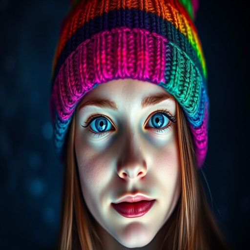 portrait of a young woman wearing a glowing rainbow beanie, vibrant blue eyes, ethereal galaxy background, soft-focus effect, taken with a Canon EOS R5, 85mm lens, f/1.8 aperture, ISO 100, natural light settings