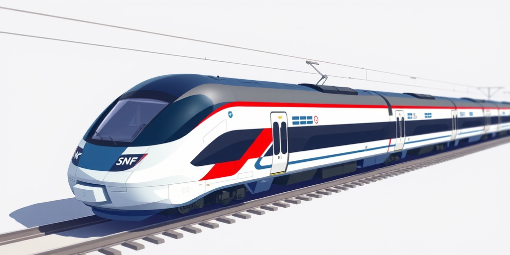 Create a high-resolution illustration of a sleek, modern train design with prominent SNCF branding, using an isometric perspective, digital art style, with a 50mm focal length and an aperture of f/8 to enhance depth of field.