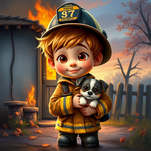airbrushed oil painting, pixar style, cute little boy in fireman gear, helmet, tousled hair, expressive eyes, standing in the doorstep of a cottage burning behind him, holding a cute little dog in his arm, atumn sky