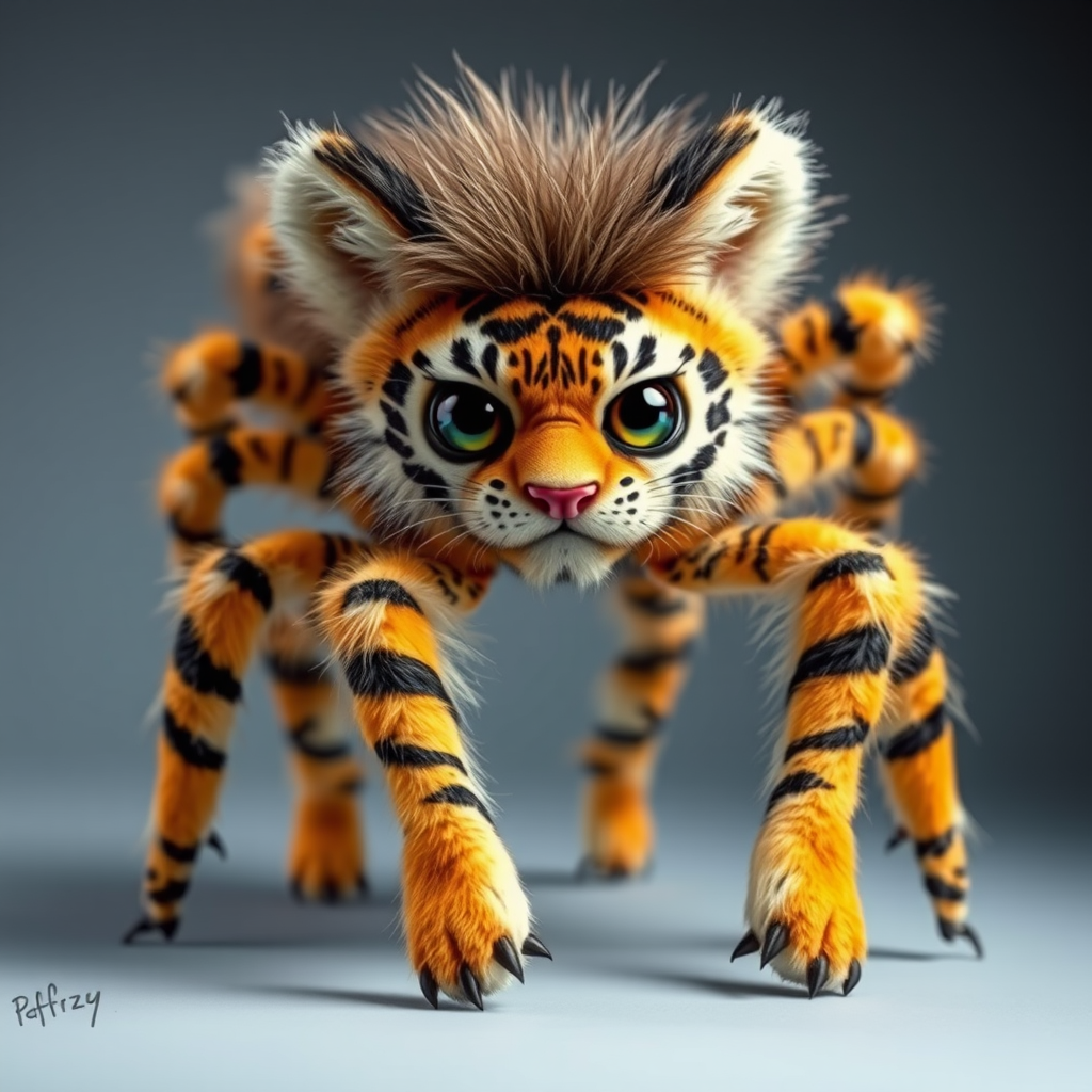 This charming yet frightening Spider Tiger features six legs, a hairy, furry body, and a cat-like tiger physique combined with an insectoid tiger head and tiger legs. The furry head further adds to the creature's unique appearance, creating a captivating blend of cuteness and fear that makes this six-legged, furry, insect-inspired tiger both adorable and scary.