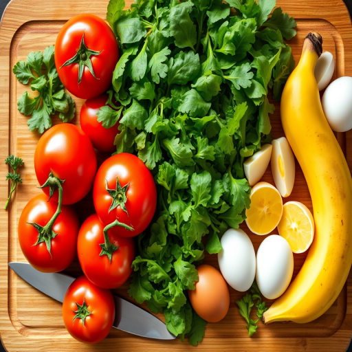 A vibrant, high-resolution image of fresh ingredients including whole tomatoes, arugula, sliced banana, and various eggs arranged on a wooden cutting board with a sharp chef's knife, captured with a DSLR camera at f/2.8 aperture, 1/100 sec shutter speed, ISO 200, taken from a top-down perspective, with natural lighting to enhance colors and textures.