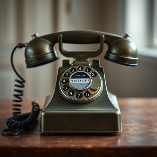 Generate a high-resolution image of a vintage telephone, center-framed, with a shallow depth of field, using a DSLR camera at 50mm focal length, f/1.8 aperture, ISO 100, and natural soft lighting.