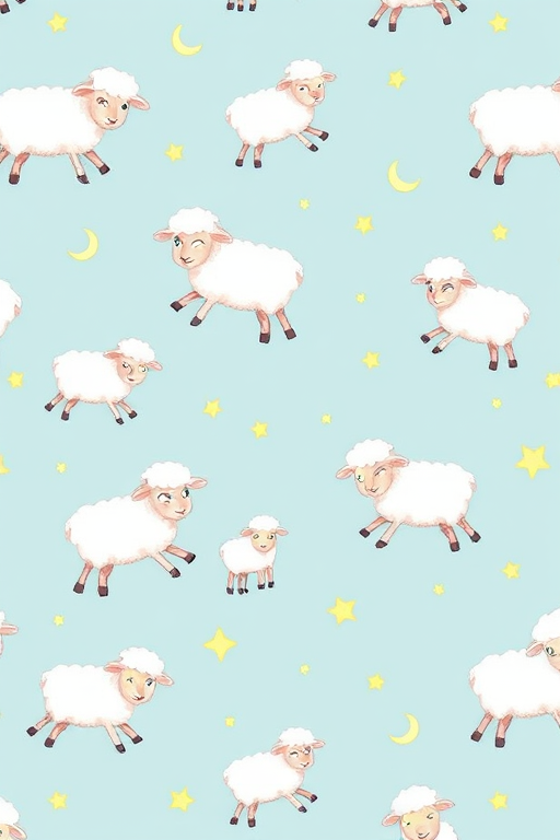 Create a seamless pattern featuring whimsical, cartoon-style sheep in pastel colors, playfully jumping across a light blue background with small yellow stars and crescent moons, using macro photography settings with a Canon EOS R, aperture f/2.8, ISO 200, 50mm lens for enhanced detail and vibrancy.