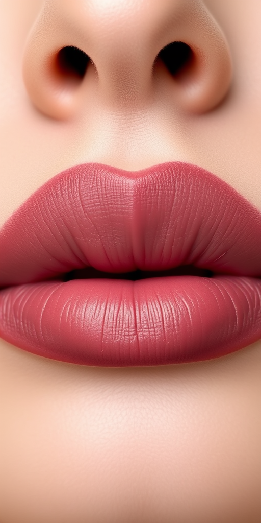 Elegant matte mauve lips with subtle ombre effect, perfectly defined cupid's bow, soft and velvety texture, understated yet sophisticated Dusty Rose Dream look