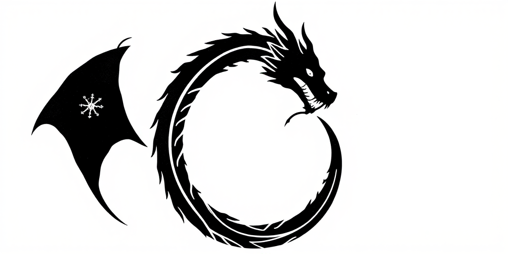 create an image of an ouroboros, a serpent or dragon eating its own tail, in a minimalist black design on a white background