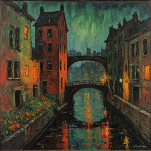 Misty Night, october. Half the frame is occupied by the wall of an old lonely towerhouse. Garlands of flowers hang from the windows. The rest of the frame is a view of the canal and bridge. Abstract expressionism, grunge impasto red orange, black, green intense oil colors on canvas. Jackson Pollock's, naive childish lines, microsplashes. Disturbing, depressive.