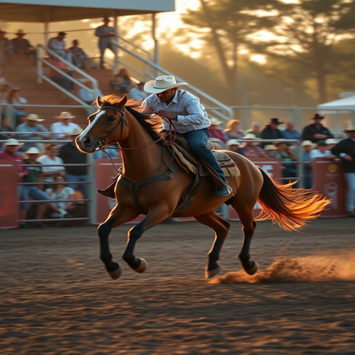 dynamic rodeo scene with a rider on a galloping horse, outdoor arena with spectators in the background, golden hour lighting, shallow depth of field, DSLR camera, 50mm lens, aperture f/2.8, ISO 200, shutter speed 1/500s, slightly low angle shot to emphasize motion and excitement