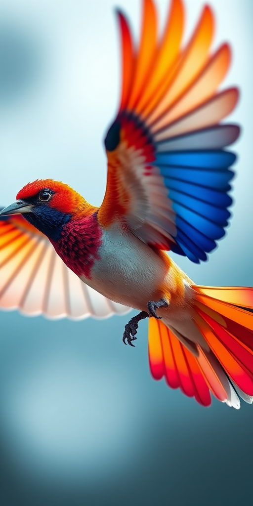 Create a vibrant, stylized bird in flight with flowing colorful feathers in a digital art style, using a Canon EOS R5 with a 50mm f/1.2 lens, aperture set to f/8, ISO 100, and a polarizing filter to enhance color saturation and reduce glare.