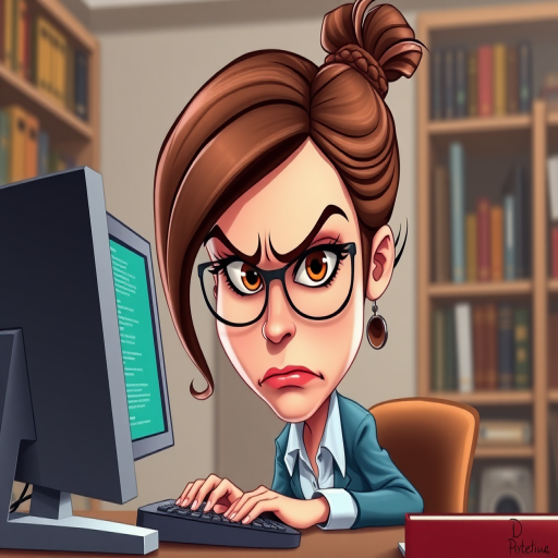 Big-head caricature of a visibly annoyed intellectual female programmer, she is staring at a computer screen and angrily typing at the keyboard. Background Library. Intrinsic details, 3D, funny, cartoon