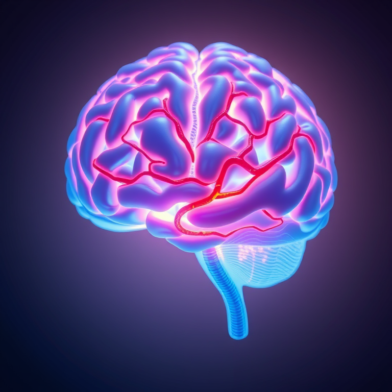 Create a highly detailed 3D image of a vibrant, stylized brain with intricate neural pathways, glowing in shades of blue and orange, set against a soft gradient background, using a DSLR camera with a 50mm lens at f/1.8, ISO 100, and a shutter speed of 1/200s, using a low-angle view to emphasize depth and detail.