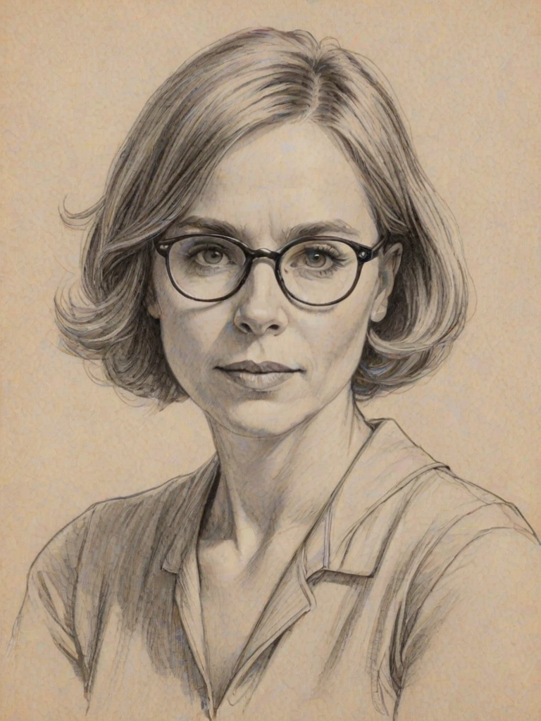 Fascinating Amy Madigan, pencil sketch, portrait of Elegant woman 1924s in glasses, hair style beatnik, outline, clear lines, fine lines, 8k