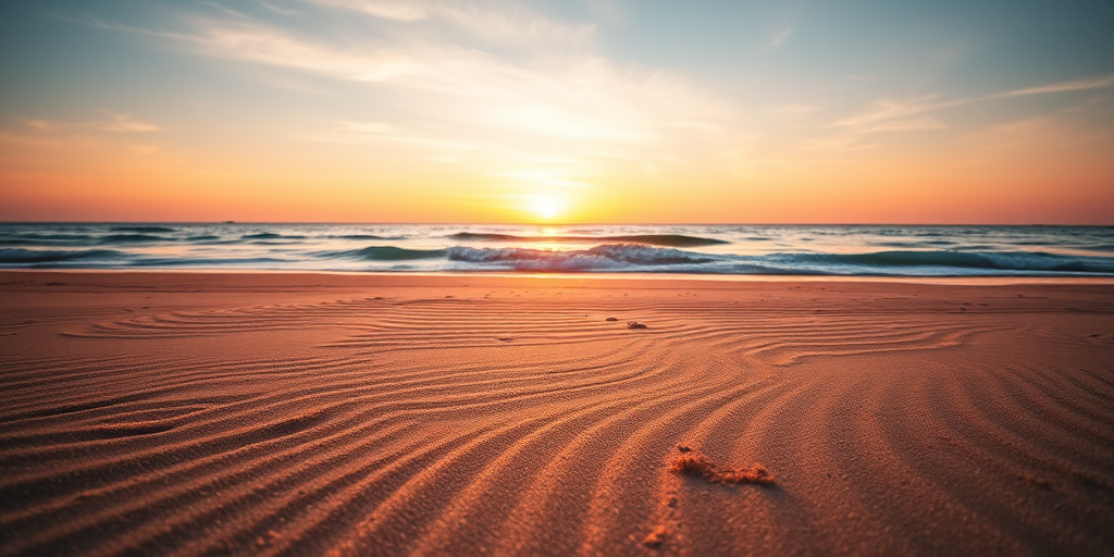 a serene sunset over a calm ocean with gentle ripples in the sand in the foreground, captured with a Canon EOS 5D Mark IV, 24mm lens at f/11, ISO 100, at a low angle to emphasize the textures of the sand and the colors of the sky, natural lighting.