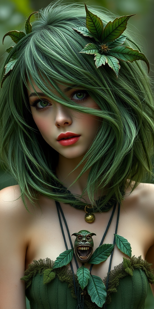 Enchanting forest green-haired nymph with a tousled, layered bob featuring leaf-like textures and nature-inspired accessories
