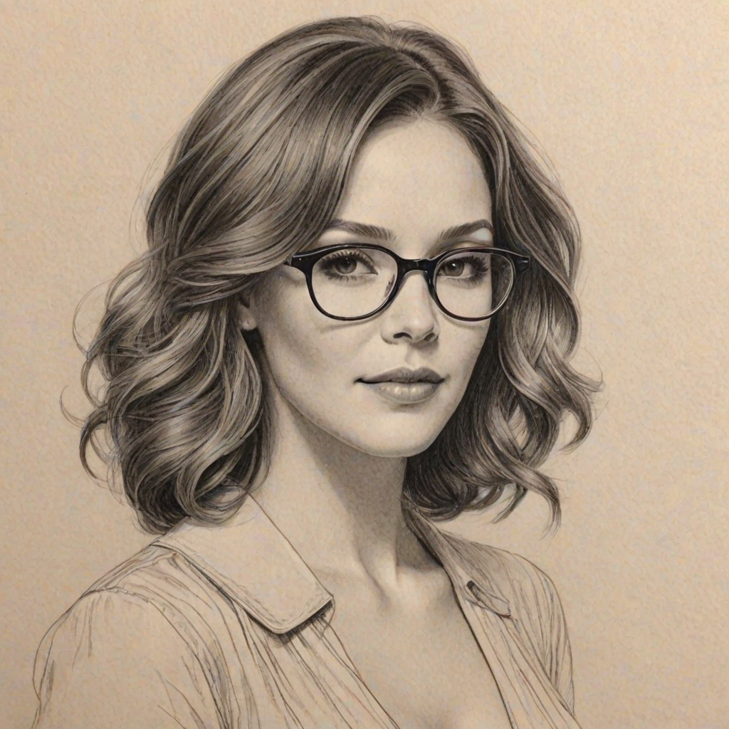 Lovely Katherine McPhee, pencil sketch, portrait of Exquisite woman 1947s in glasses, hair style beatnik, outline, clear lines, fine lines, 8k