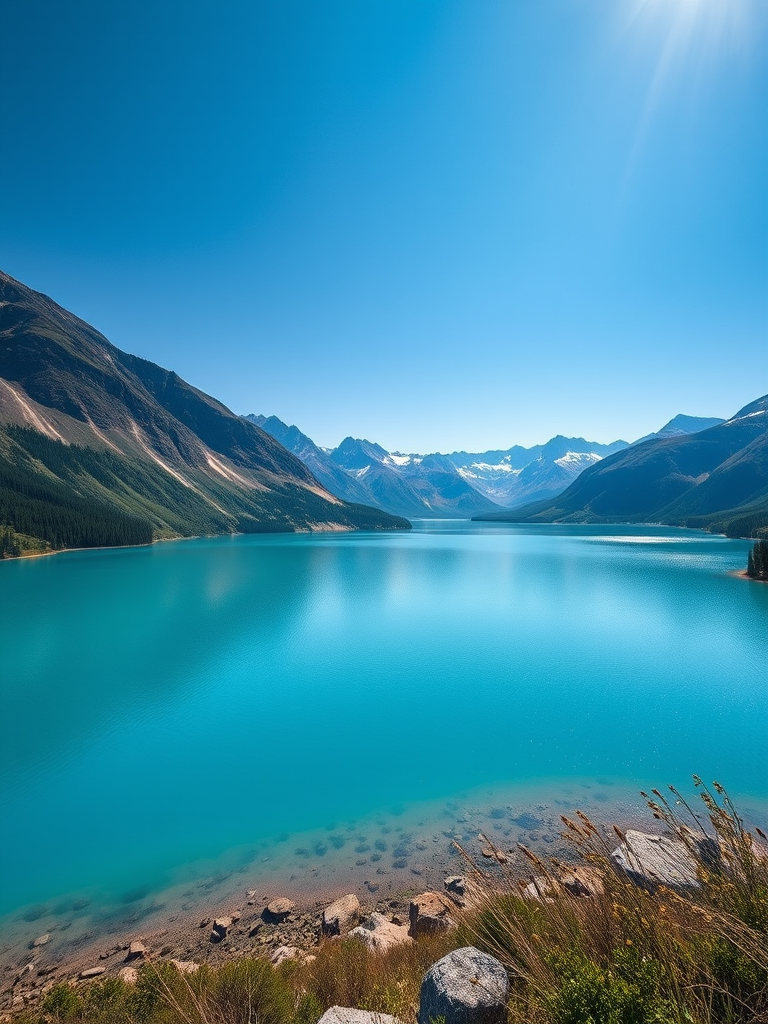 Create an image of a serene landscape featuring a tranquil lake surrounded by mountains under a clear blue sky, captured with a Canon EOS R5, 24mm lens, f/8 aperture, 1/125s shutter speed, ISO 100, wide-angle view, in vibrant colors and high dynamic range.