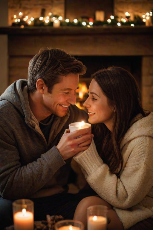 Warm, intimate image of a couple sitting by a fireplace on a snowy evening, soft glow from the flames illuminating their faces, the smell of burning wood and hot chocolate in the air, and the feeling of warmth and love.