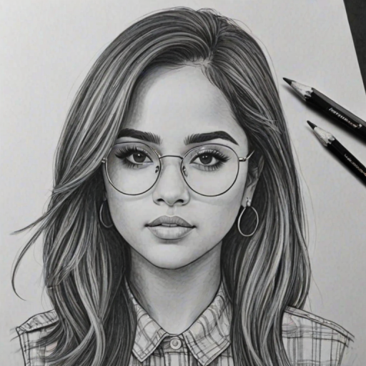 Delightful Becky G, pencil sketch, portrait of Magnificent woman 1969s in glasses, hair style beatnik, outline, clear lines, fine lines, 8k