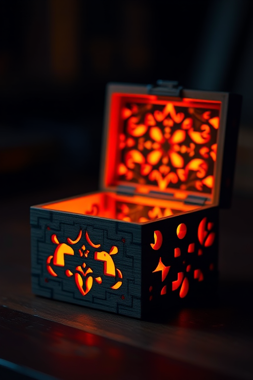 Generate an image of a wooden puzzle box with intricate designs, illuminated from within by soft orange light, captured using a DSLR camera at f/2.8, 50mm lens, ISO 100, with a shallow depth of field in a dimly lit setting.