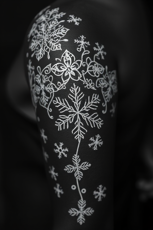 Mystical white ink tattoo on dark skin depicting intricate lace patterns and delicate snowflakes creating a subtle yet stunning contrast