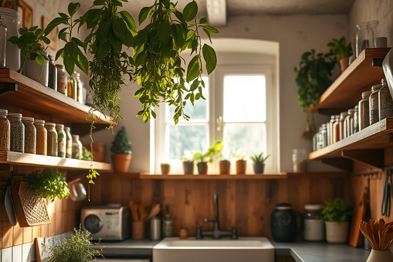 Warmly lit photo of a rustic kitchen filled with fresh herbs hanging from the ceiling, wooden shelves lined with jars, and soft sunlight pouring in from a window above the sink.