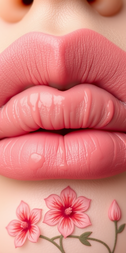 Dusty rose lips with a suede-like texture, named "Vintage Bloom," featuring a soft matte finish and delicate, hand-painted floral accents for a whimsical touch