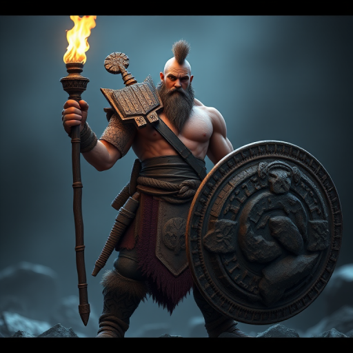 Create a highly detailed 3D character model of a muscular warrior holding a torch and a large rock-like weapon, shot with a Canon EOS R5 at f/2.8, ISO 100, 50mm lens, soft lighting, a slight depth of field, and a side view to enhance the textural details and intensity of the scene.