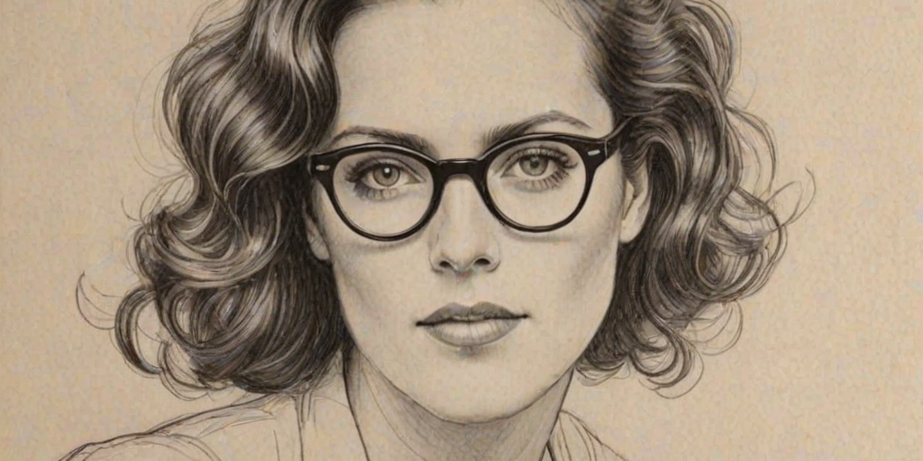 Captivating Ione Skye, pencil sketch, portrait of Exquisite woman 1925s in glasses, hair style beatnik, outline, clear lines, fine lines, 8k