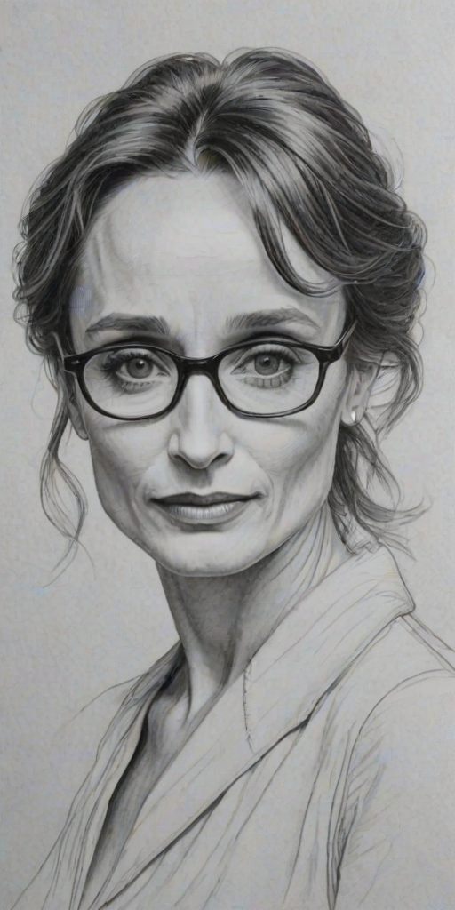 Bewitching Kristin Scott Thomas, pencil sketch, portrait of Wonderful woman 1977s in glasses, hair style beatnik, outline, clear lines, fine lines, 8k