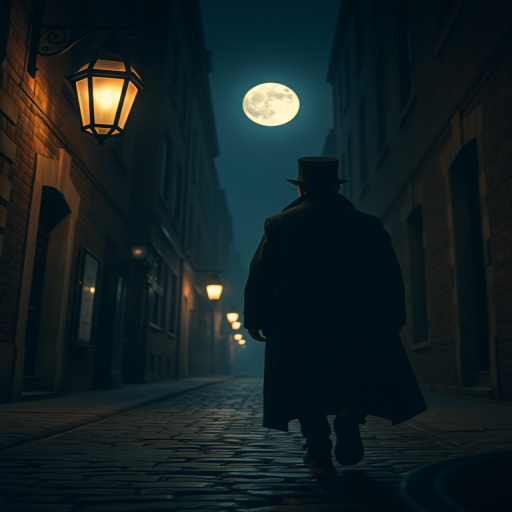 Generate a high-resolution image of a mysterious figure in a dark cloak and top hat walking down a cobblestone alleyway at night, illuminated by vintage street lamps with a full moon in the background, captured with a DSLR camera at f/1.8 aperture, ISO 100, 50mm lens, low-angle shot for dramatic effect, and enhanced contrast for a moody atmosphere.