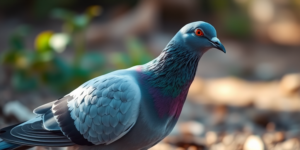 Regenerate an image of a pigeon in a natural setting, captured with a DSLR camera, 50mm lens, f/2.8 aperture, ISO 100, natural lighting, shallow depth of field, low angle view to emphasize details and vibrant colors.