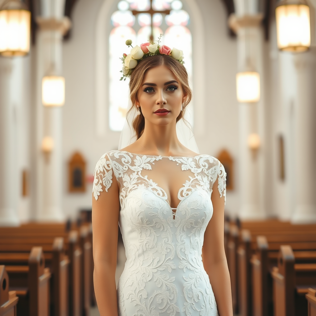 church scene, bridal model, delicate lace gown, floral headpiece, soft romantic focus, high-key lighting and an 85mm lens for soft, even tones that highlight the model’s face and bright outfit against a white or light background