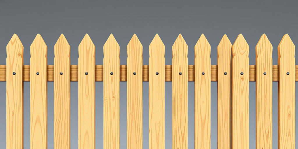 Create a detailed illustration of a wooden picket fence with a smooth, natural wood texture, set against a gradient background, using a DSLR camera with a 50mm lens, f/1.8 aperture, ISO 100, and a shallow depth of field to enhance the image quality with vibrant colors and sharp details.