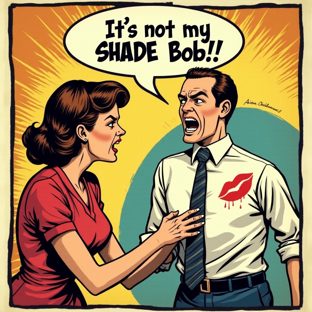 A pop art piece of a very angry wife discovering a lipstick stain on a man's dress shirt. Make the print on his collar. Put a word balloon above the wife's head that says 'It's not my SHADE Bob!!!'