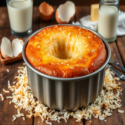 A delicious cake in a bundt pan with a golden brown top and a creamy white layer, surrounded by toasted coconut flakes, placed on a rustic wooden table with a glass of milk, a stick of butter, and broken egg shells in the background.