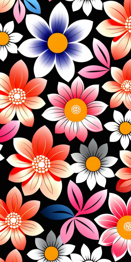 Vibrant Floral Pattern with Colorful Flowers Against a Dark Background.