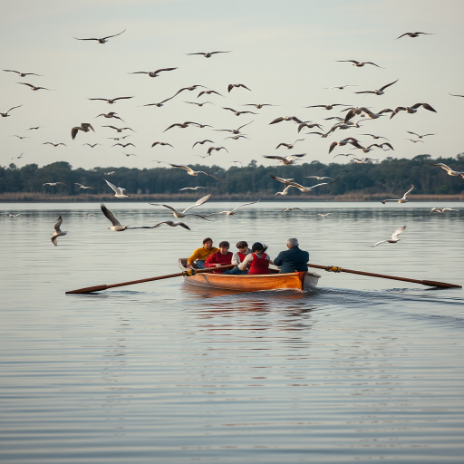 capture a dynamic scene of a rowing team in a wooden boat on a calm lake with a flock of birds flying overhead, use a Canon EOS R5 with a 24-70mm lens at f/8, ISO 200, shutter speed 1/500s, from a mid-range perspective to highlight the activity and environment