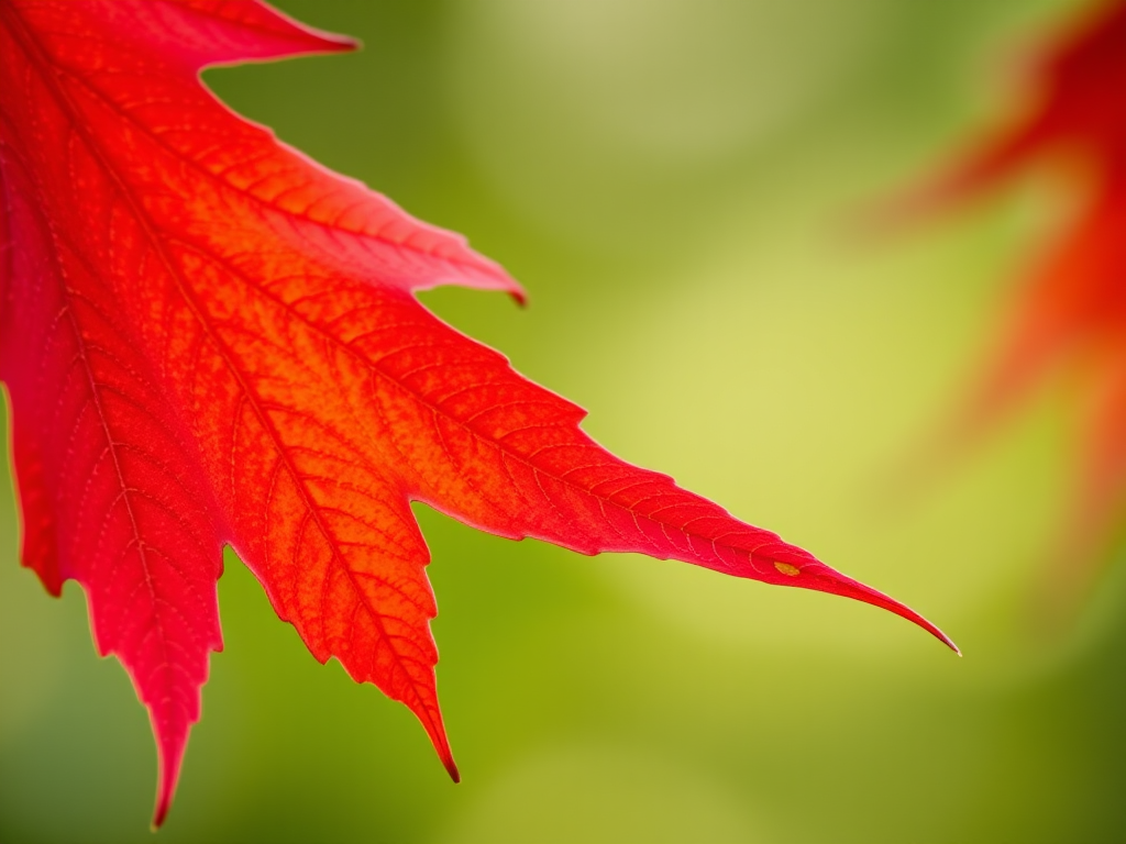create a detailed macro photograph of a vibrant red maple leaf with high resolution, using a DSLR camera at f/2.8 aperture, ISO 100, shutter speed 1/200s, natural lighting, shallow depth of field, capturing intricate vein details and rich texture against a blurred green background