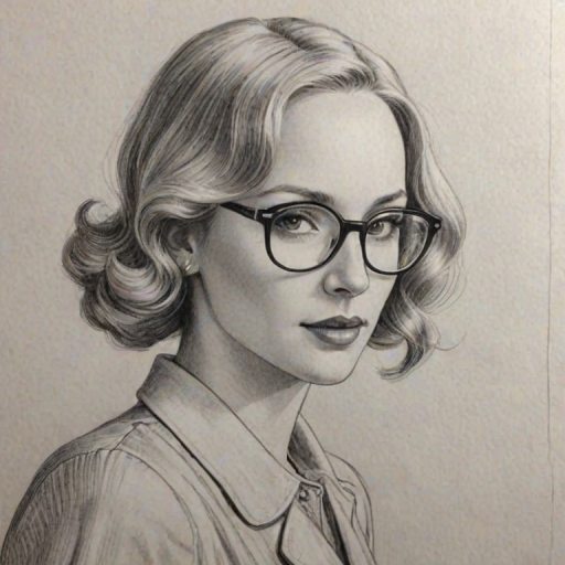 Fascinating Candice King, pencil sketch, portrait of Magnificent woman 1930s in glasses, hair style beatnik, outline, clear lines, fine lines, 8k