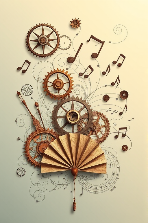 Create an abstract steampunk composition featuring gears, musical notes, vintage elements, a fan, and an artistic swirl on a soft gradient background.