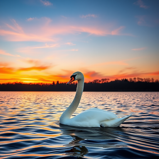 Create a high-resolution image of a graceful swan gracefully gliding on a shimmering lake during sunset with vibrant colors in the background, using a Canon EOS 5D Mark IV, 50mm lens, aperture f/2.8, shutter speed 1/200s, and ISO 200 for optimal clarity and detail.