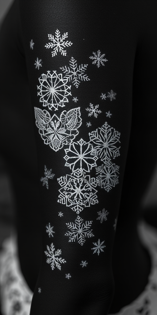 Mystical white ink tattoo on dark skin depicting intricate lace patterns and delicate snowflakes creating a subtle yet stunning contrast