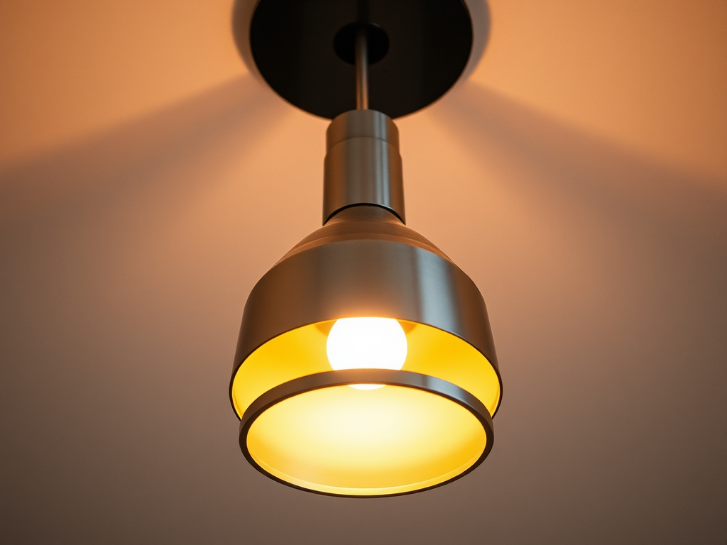 Generate a high-resolution image of a modern pendant light fixture hanging from the ceiling, featuring a sleek metallic design and a warm circular glow beneath it, captured with a DSLR camera at 50mm focal length, f/2.8 aperture, ISO 100, and natural light to emphasize the light's warmth and shadows.